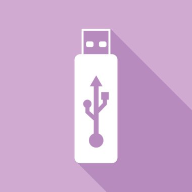 USB flaş bellek işareti. Mor arkaplanda uzun gölgesi olan beyaz simge.
