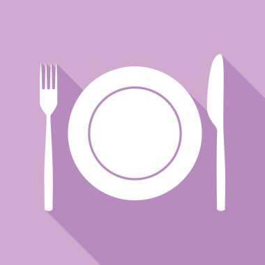 Çatal, Bıçak ve Tabak işareti. Mor arkaplanda uzun gölgesi olan beyaz simge.