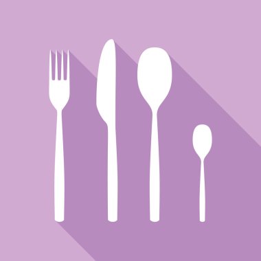 Çatal kaşık ve bıçak işareti. Mor arkaplanda uzun gölgesi olan beyaz simge.