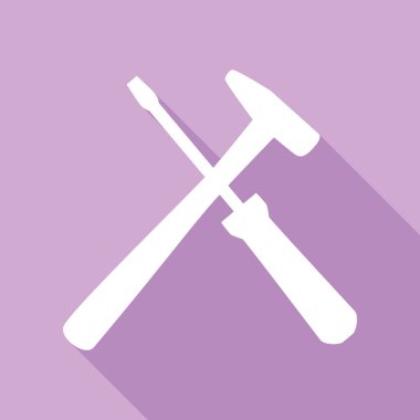 Araçlar illüstrasyon imzalar. Mor arkaplanda uzun gölgesi olan beyaz simge.