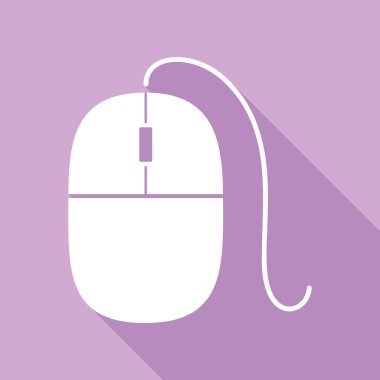 Fare işareti çizimi. Mor arkaplanda uzun gölgesi olan beyaz simge.