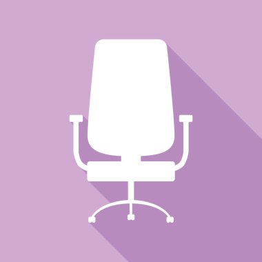 Ofis sandalyesi işareti. Mor arkaplanda uzun gölgesi olan beyaz simge.