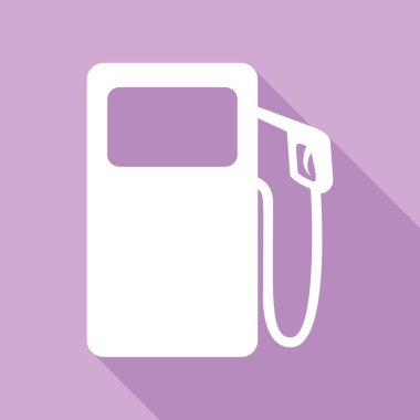 Benzin pompası tabelası. Mor arkaplanda uzun gölgesi olan beyaz simge.