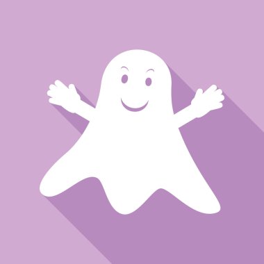 Hayalet işareti. Mor arkaplanda uzun gölgesi olan beyaz simge.