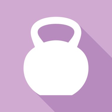 Fitness Dumbbell tabelası. Mor arkaplanda uzun gölgesi olan beyaz simge.