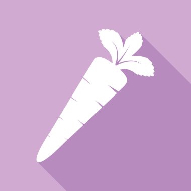 Havuç işareti çizimi. Mor arkaplanda uzun gölgesi olan beyaz simge.