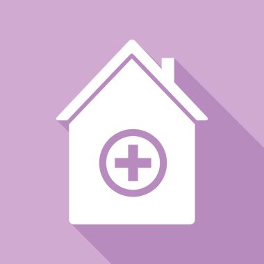 Hastane tabelası çizimi. Mor arkaplanda uzun gölgesi olan beyaz simge.