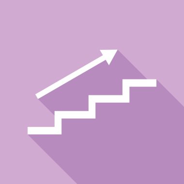 Oklu merdiven. Mor arkaplanda uzun gölgesi olan beyaz simge.