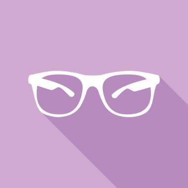 Güneş gözlüğü işareti çizimi. Mor arkaplanda uzun gölgesi olan beyaz simge.