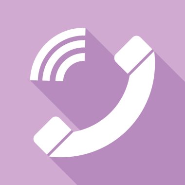 Telefon işareti çizimi. Mor arkaplanda uzun gölgesi olan beyaz simge.