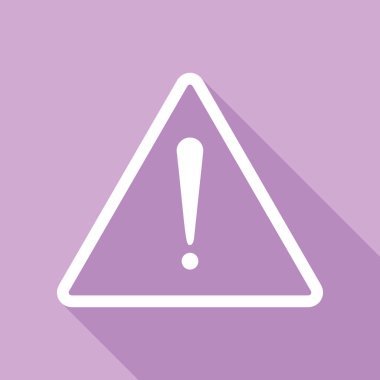 Ünlem tehlike işareti. Düz stil. Mor arkaplanda uzun gölgesi olan beyaz simge.