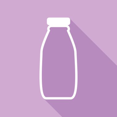 Süt şişesi tabelası. Mor arkaplanda uzun gölgesi olan beyaz simge.