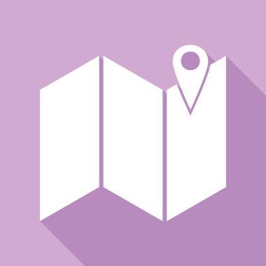 Haritada işaretle. Mor arkaplanda uzun gölgesi olan beyaz simge.