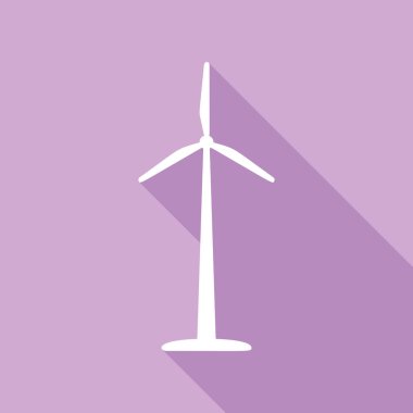 Rüzgar türbini logosu ya da işareti. Mor arkaplanda uzun gölgesi olan beyaz simge.