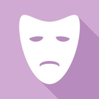 Trajedi teatral maskeler. Mor arkaplanda uzun gölgesi olan beyaz simge.