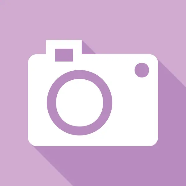 数码相机标志 紫色背景的长阴影白色图标 — 图库矢量图片