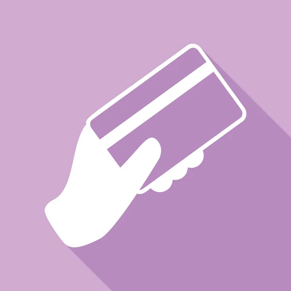 Рука Держит Кредитку Белая Икона Длинной Тенью Фиолетовом Фоне — стоковый вектор