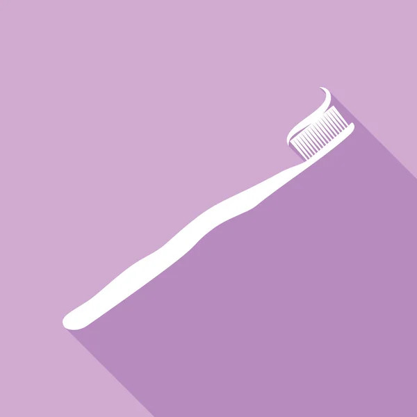 牙刷与应用牙膏部分 紫色背景的长阴影白色图标 — 图库矢量图片