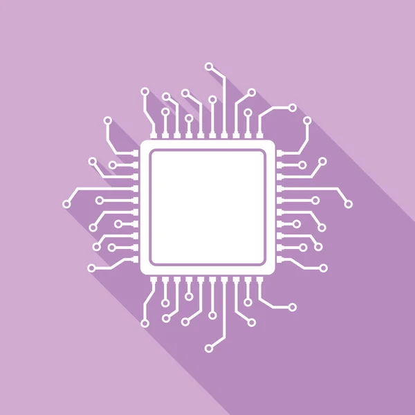 Ilustracja Mikroprocesora Cpu Biała Ikona Długim Cieniem Fioletowym Tle — Wektor stockowy