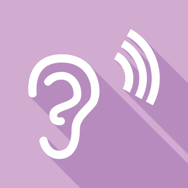 解剖学だ 音波で耳のサイン 紫色の背景に長い影の白いアイコン — ストックベクタ