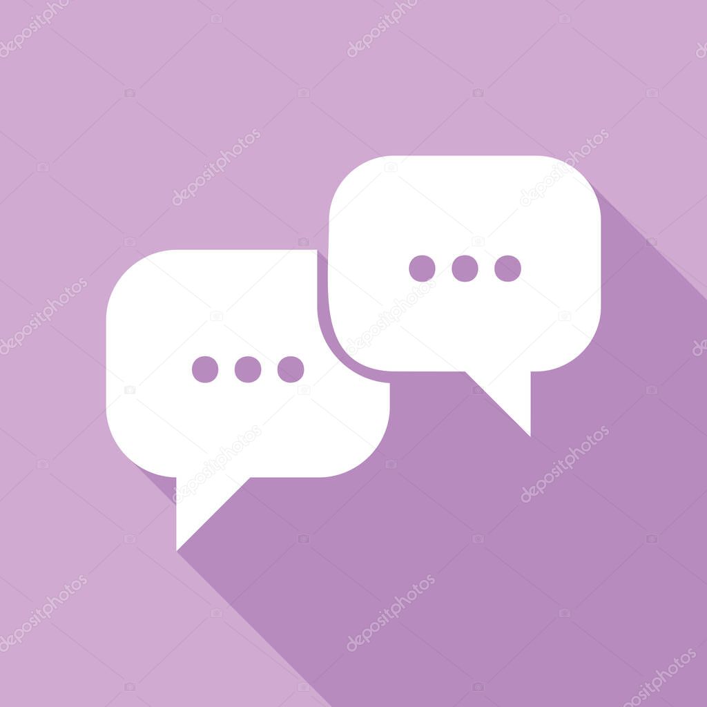 Speech bubbles sign. White Icon with long shadow at purple background.