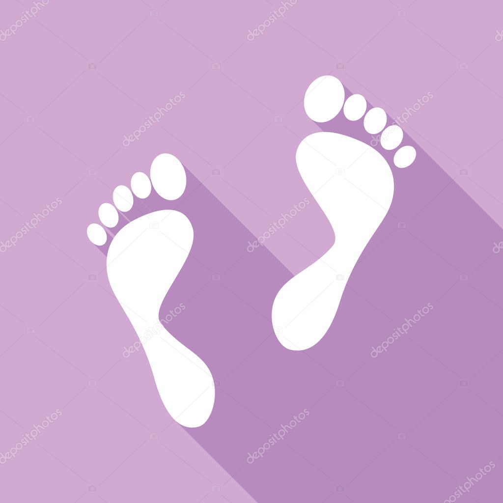 Foot prints sign. White Icon with long shadow at purple background.