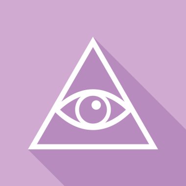 Hepsi göz piramidi sembolü. Mason ve Ruhani. Mor arkaplanda uzun gölgesi olan beyaz simge.