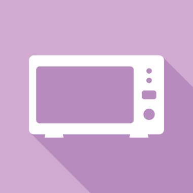 Mikrodalga işareti çizimi. Mor arkaplanda uzun gölgesi olan beyaz simge.