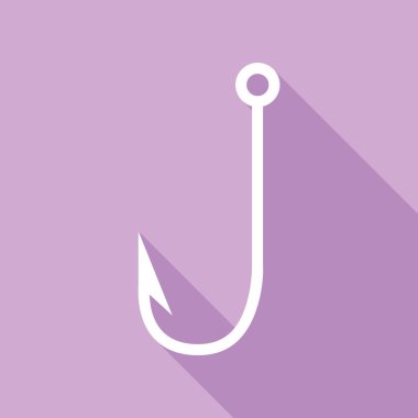 Balık oltası işareti çizimi. Mor arkaplanda uzun gölgesi olan beyaz simge.