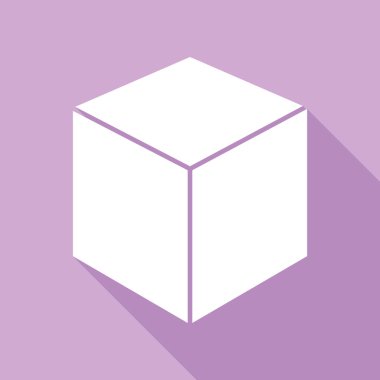 Küp işareti çizimi. Mor arkaplanda uzun gölgesi olan beyaz simge.