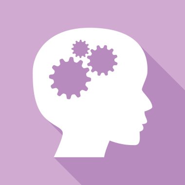 Kafa işaretini düşün. Mor arkaplanda uzun gölgesi olan beyaz simge.