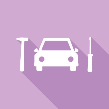 Araba lastiği tamiri tabelası. Mor arkaplanda uzun gölgesi olan beyaz simge.