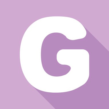 G harfi tasarım şablonu ögesi. Mor arkaplanda uzun gölgesi olan beyaz simge.