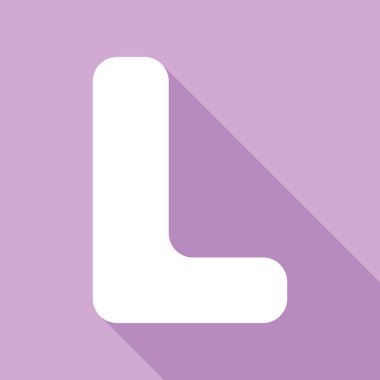 L harfi tasarım şablonu ögesi. Mor arkaplanda uzun gölgesi olan beyaz simge.