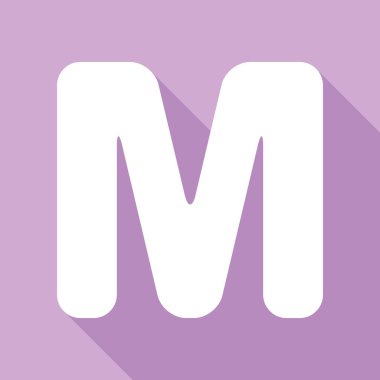 M harfi tasarım şablonu ögesi. Mor arkaplanda uzun gölgesi olan beyaz simge.