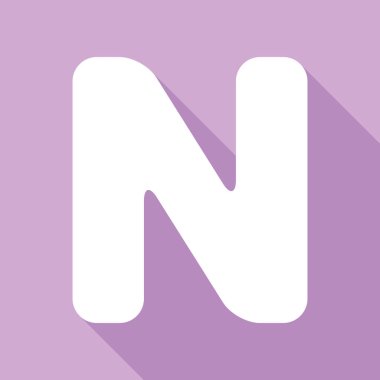 N harfi tasarım şablonu ögesi. Mor arkaplanda uzun gölgesi olan beyaz simge.