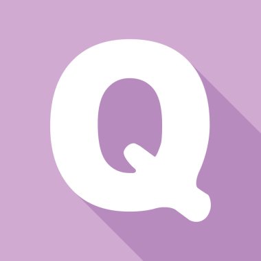 Q harfi tasarım şablonu ögesi. Mor arkaplanda uzun gölgesi olan beyaz simge.