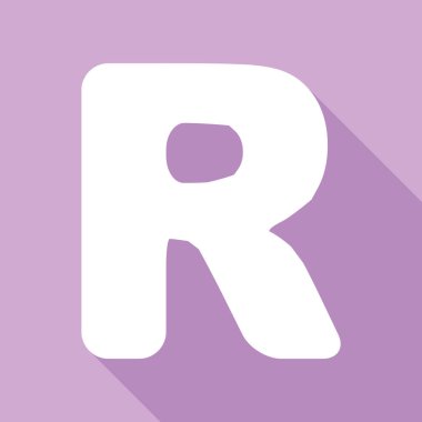 R harfi tasarım şablonu ögesi. Mor arkaplanda uzun gölgesi olan beyaz simge.