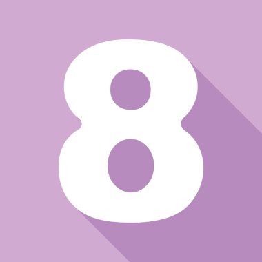 8 numaralı işaret tasarım şablonu ögesi. Mor arkaplanda uzun gölgesi olan beyaz simge.