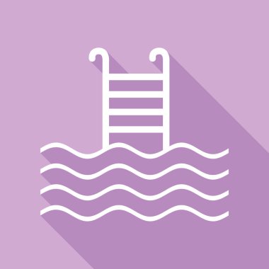 Yüzme havuzu tabelası. Mor arkaplanda uzun gölgesi olan beyaz simge.