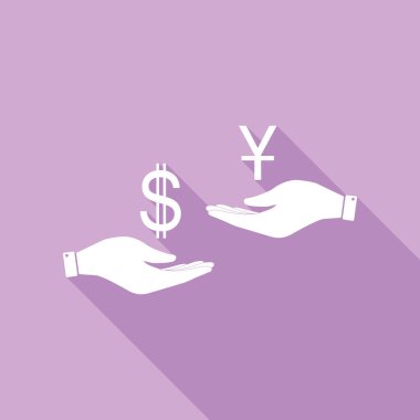 Elden ele para değişimi. Dolar ve Yuan. Mor arkaplanda uzun gölgesi olan beyaz simge.