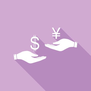 Elden ele para değişimi. Dollar ve Yen. Mor arkaplanda uzun gölgesi olan beyaz simge.