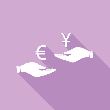 Elden ele para değişimi. Euro ve Yuan. Mor arkaplanda uzun gölgesi olan beyaz simge.