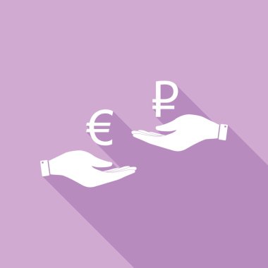 Elden ele para değişimi. Euro ve Ruble. Mor arkaplanda uzun gölgesi olan beyaz simge.
