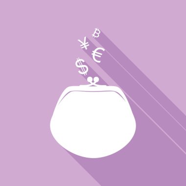 Para birimi sembollü cüzdan imzası. Mor arkaplanda uzun gölgesi olan beyaz simge.