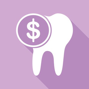 Diş tedavisi tabelasının maliyeti. Mor arkaplanda uzun gölgesi olan beyaz simge.