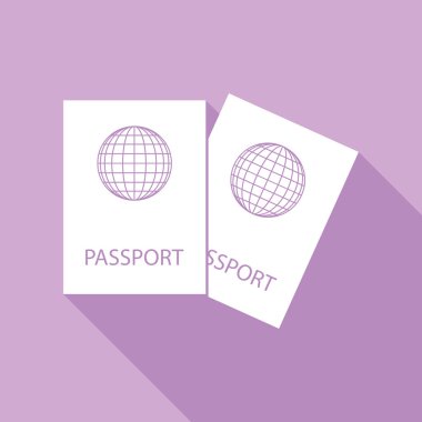 İki pasaport illüstrasyon imzası. Mor arkaplanda uzun gölgesi olan beyaz simge.