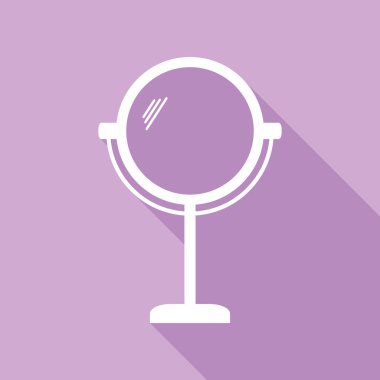 Ayna işareti çizimi. Mor arkaplanda uzun gölgesi olan beyaz simge.