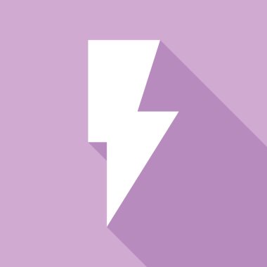 Şimşek işareti illüstrasyonu. Mor arkaplanda uzun gölgesi olan beyaz simge.