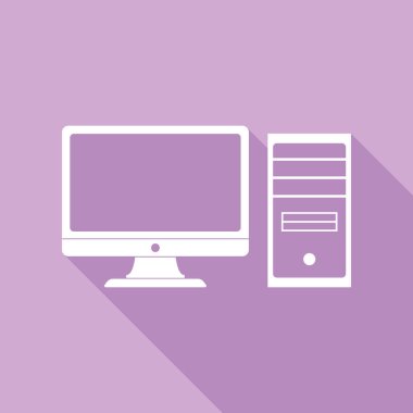 Bilgisayar işareti çizimi. Mor arkaplanda uzun gölgesi olan beyaz simge.